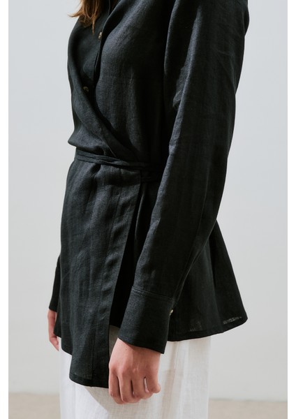 Keten Bağlama Detaylı Gömlek Siyah indirimleri