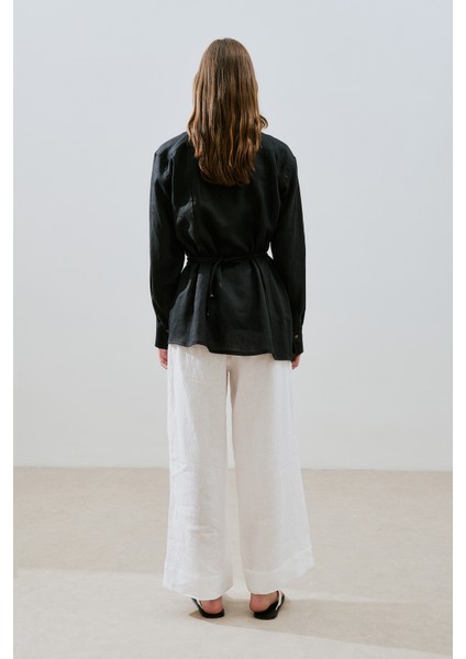 Keten Bağlama Detaylı Gömlek Siyah