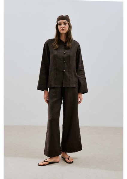 Keten Önden Düğmeli Gömlek Acı Kahve fiyatları