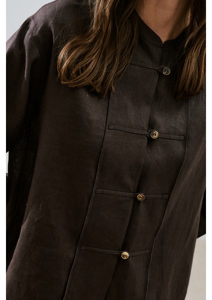 Keten Önden Düğmeli Gömlek Acı Kahve modelleri