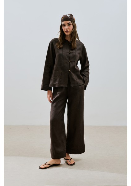 Keten Önden Düğmeli Gömlek Acı Kahve fırsatları