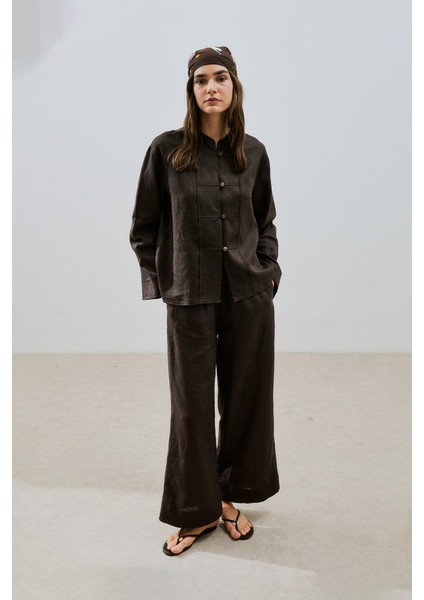 Keten Önden Düğmeli Gömlek Acı Kahve indirimleri