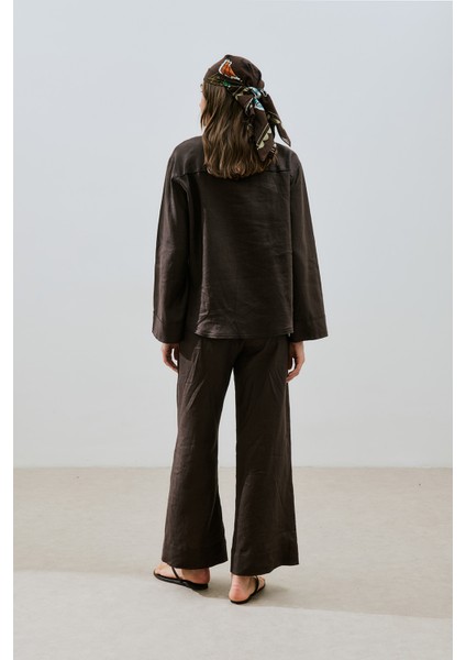 Keten Önden Düğmeli Gömlek Acı Kahve