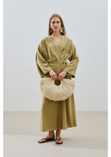 Dokulu Kruvaze Kapamalı Elbise Haki
