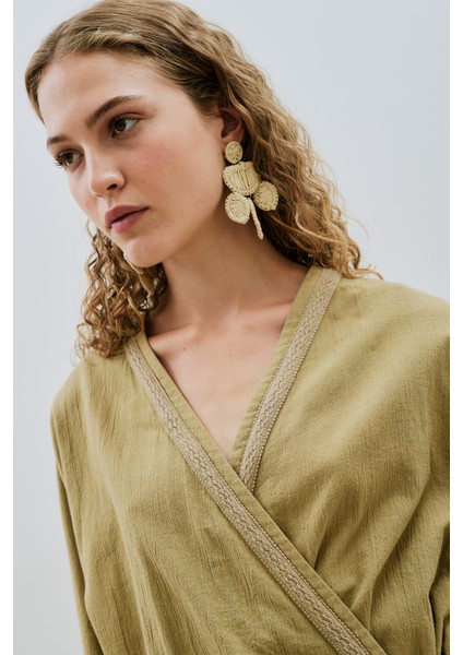 Dokulu Kruvaze Kapamalı Elbise Haki modelleri