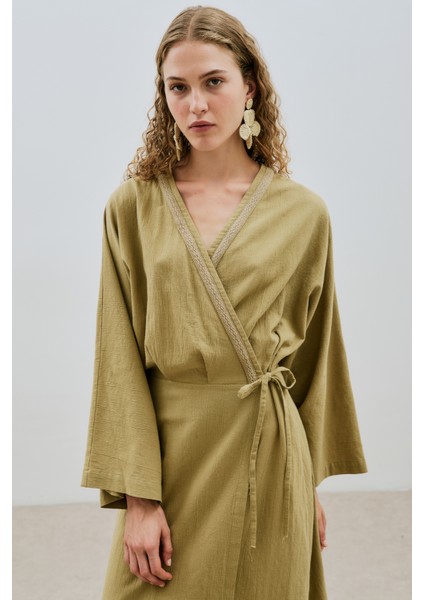 Dokulu Kruvaze Kapamalı Elbise Haki fırsatları