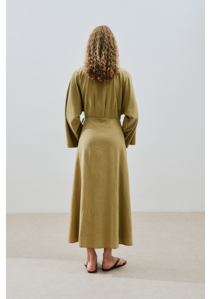 Dokulu Kruvaze Kapamalı Elbise Haki