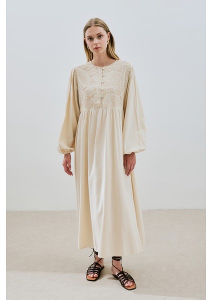 Dokulu Nakış Detaylı Elbise Natural fiyatları