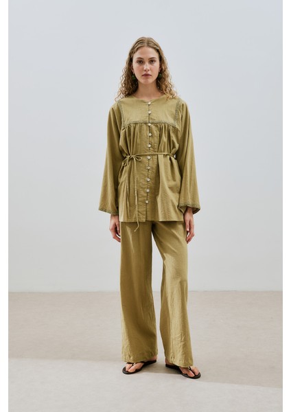 Dokulu Işlemeli Gömlek Haki modelleri