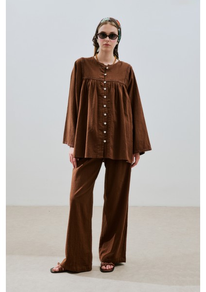 Dokulu Işlemeli Gömlek Kahverengi