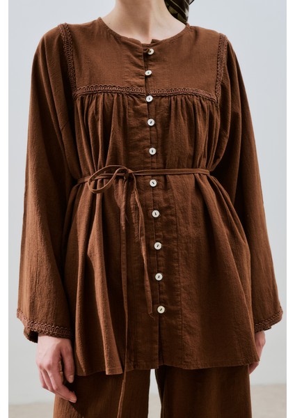 Dokulu Işlemeli Gömlek Kahverengi indirimleri