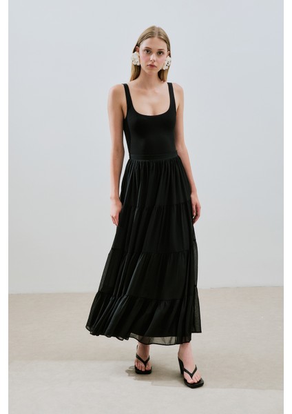 Uzun Büzgülü Şifon Etek Siyah