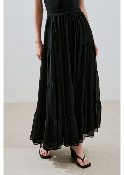 Uzun Büzgülü Şifon Etek Siyah indirimleri