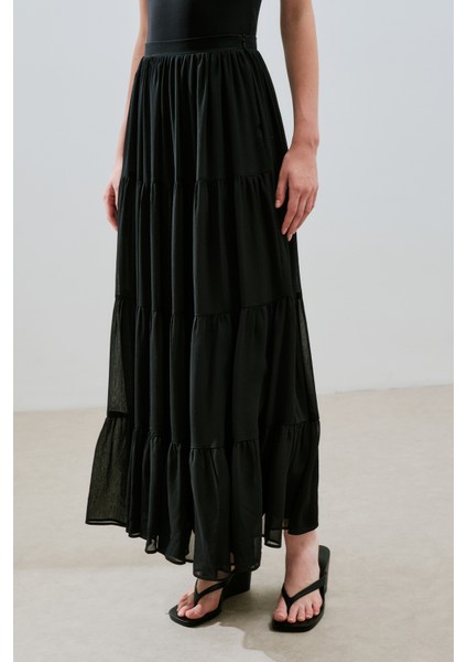 Uzun Büzgülü Şifon Etek Siyah