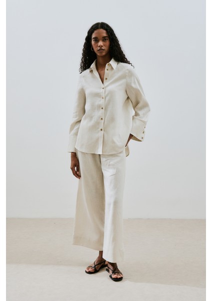 Keten Geniş Manşetli Gömlek Taş modelleri