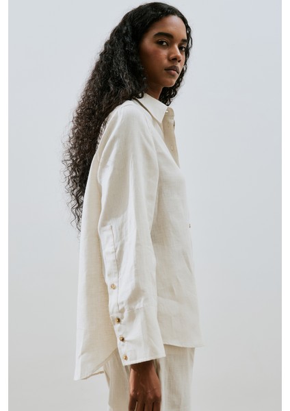 Keten Geniş Manşetli Gömlek Taş fırsatları