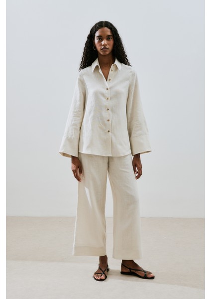 Keten Geniş Manşetli Gömlek Taş indirimleri