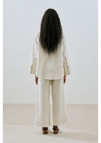 Keten Geniş Manşetli Gömlek Taş