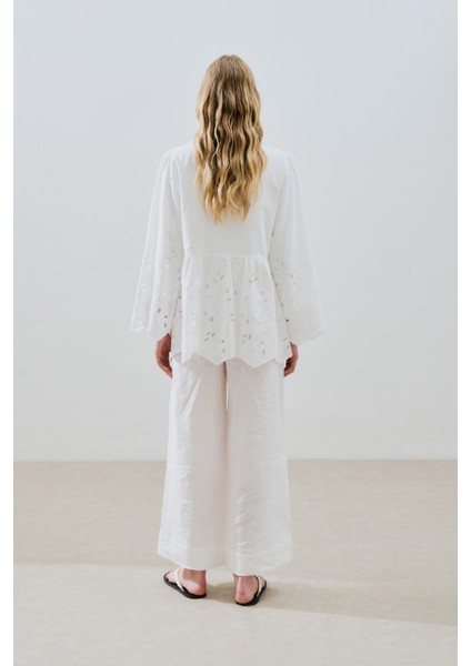 Bağlamalı Nakışlı Tunik Ekru