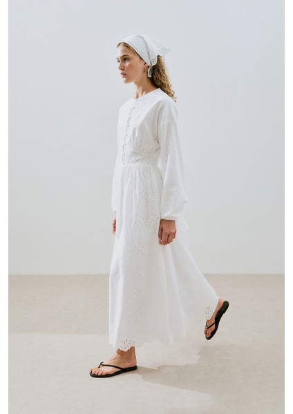 Brode Düğmeli Elbise Ekru
