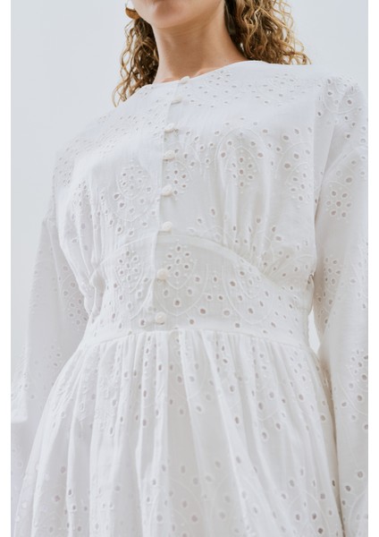 Brode Düğmeli Elbise Ekru