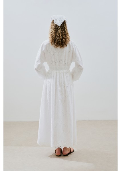 Brode Düğmeli Elbise Ekru