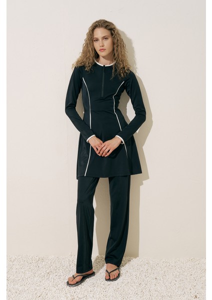 Şerit Detaylı Elbise Mayo Siyah