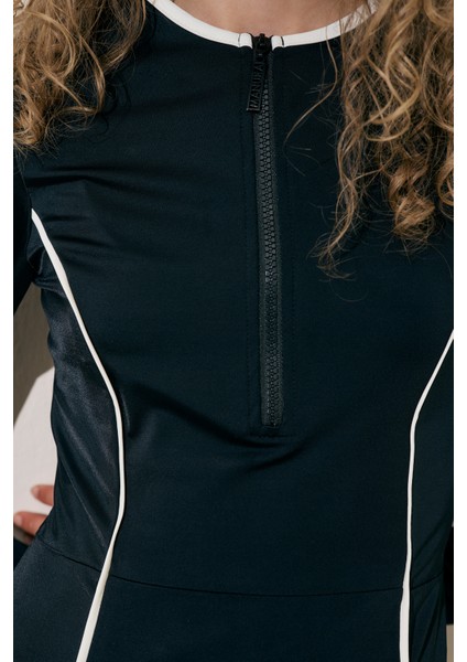 Şerit Detaylı Elbise Mayo Siyah