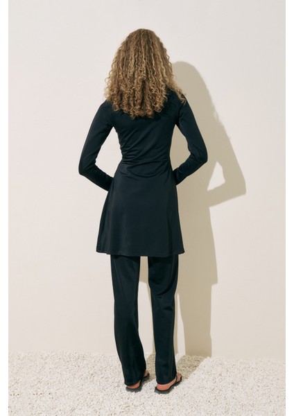 Şerit Detaylı Elbise Mayo Siyah