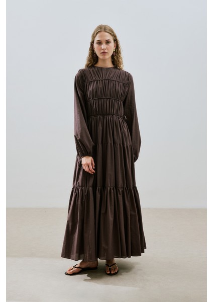 Büzgülü Uzun Kol Elbise Kahverengi
