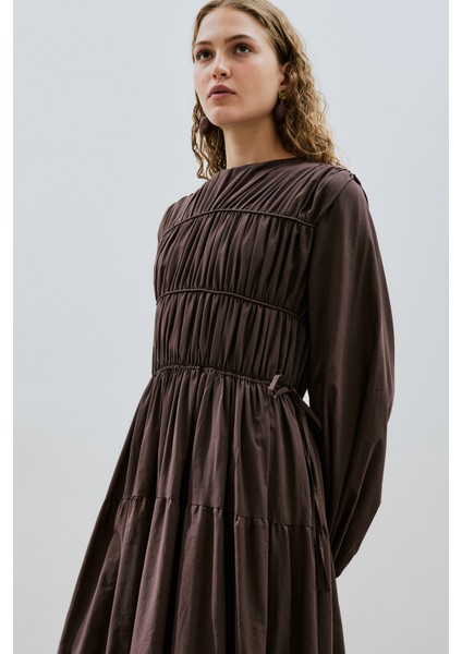 Büzgülü Uzun Kol Elbise Kahverengi modelleri