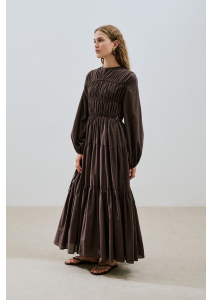 Büzgülü Uzun Kol Elbise Kahverengi indirimleri