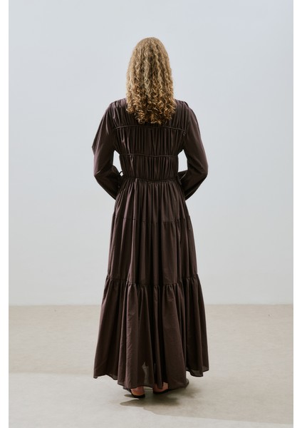 Büzgülü Uzun Kol Elbise Kahverengi