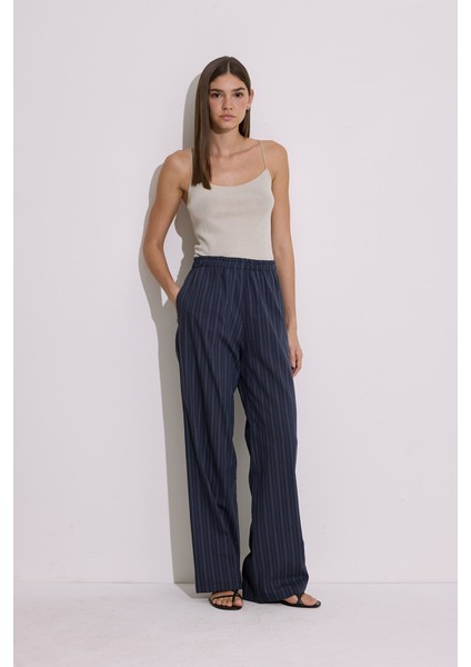 Çizgili Beli Lastikli Pantolon Lacivert