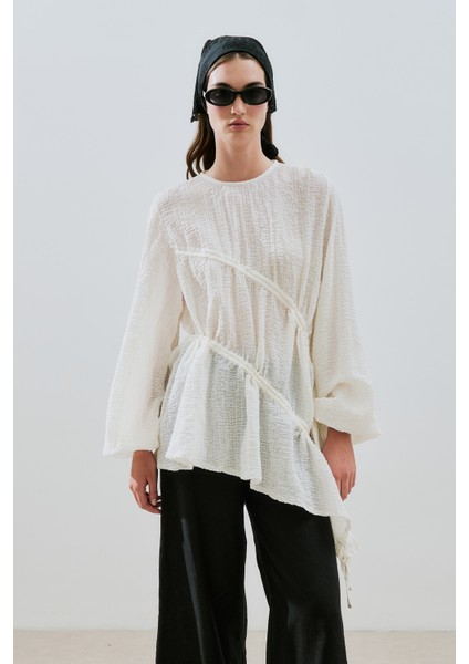 Büzgü Bağlamalı Dokulu Tunik Ekru modelleri