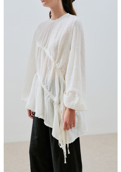 Büzgü Bağlamalı Dokulu Tunik Ekru indirimleri