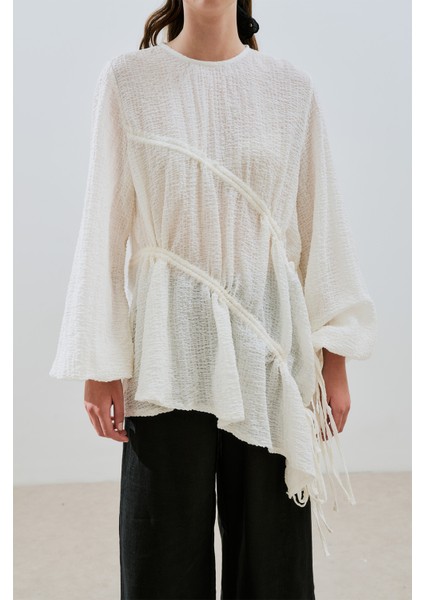 Büzgü Bağlamalı Dokulu Tunik Ekru