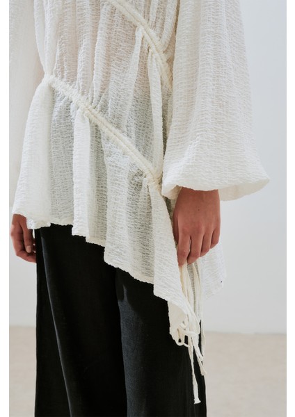 Büzgü Bağlamalı Dokulu Tunik Ekru