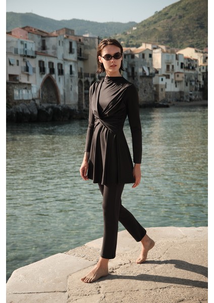 Düğüm Detaylı Tesettür Mayo Kahverengi