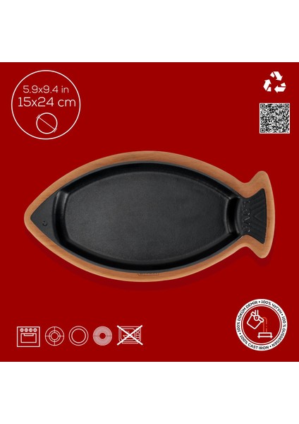 Döküm Balık Tabağı Döküm Demir Yekpare Kulplu Kayın Servis Ahşabı Ölçü 15X24CM.-BORDO fırsatları