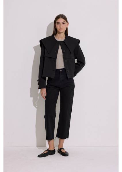 Geniş Yaka Crop Trençkot Siyah