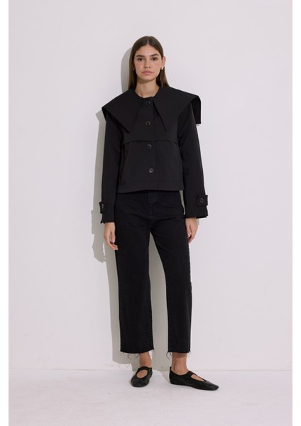 Geniş Yaka Crop Trençkot Siyah modelleri