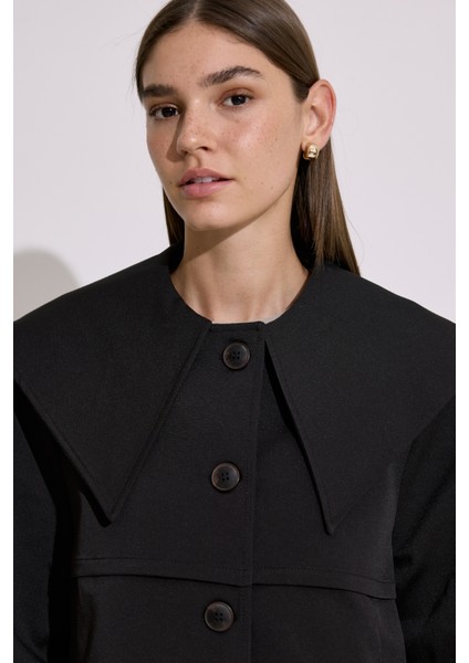 Geniş Yaka Crop Trençkot Siyah fırsatları