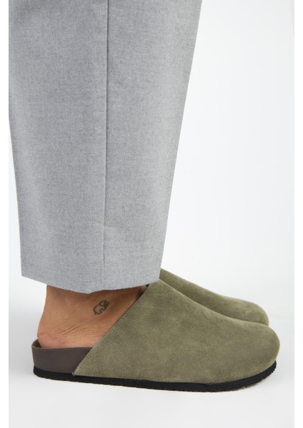 Ruzqahi Kadın Deri Hakiki Deri Düz Sabo Haki Terlik