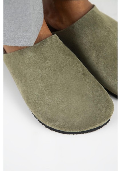 Ruzqahi Kadın Deri Hakiki Deri Düz Sabo Haki Terlik modelleri