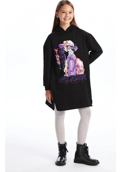 Lcw Kids Siyah Kapüşonlu Kız Çocuk Elbise