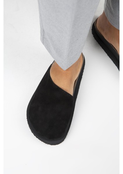 Ateshi Kadın Deri Hakiki Deri Düz Sabo Siyah Terlik