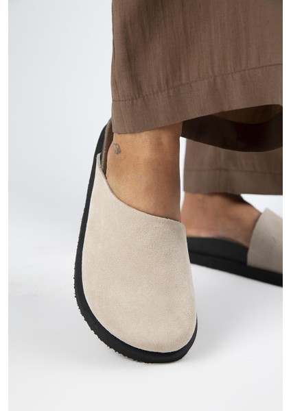 Ateshi Kadın Deri Hakiki Deri Düz Sabo Bej Terlik