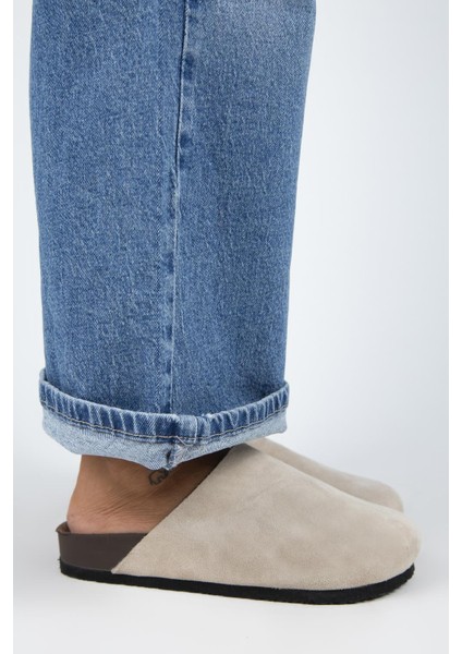 Ruzqahi Kadın Deri Hakiki Deri Düz Sabo Bej Terlik