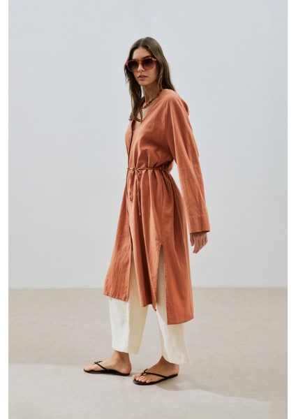 Dokulu Düğmeli Uzun Tunik Tarçın